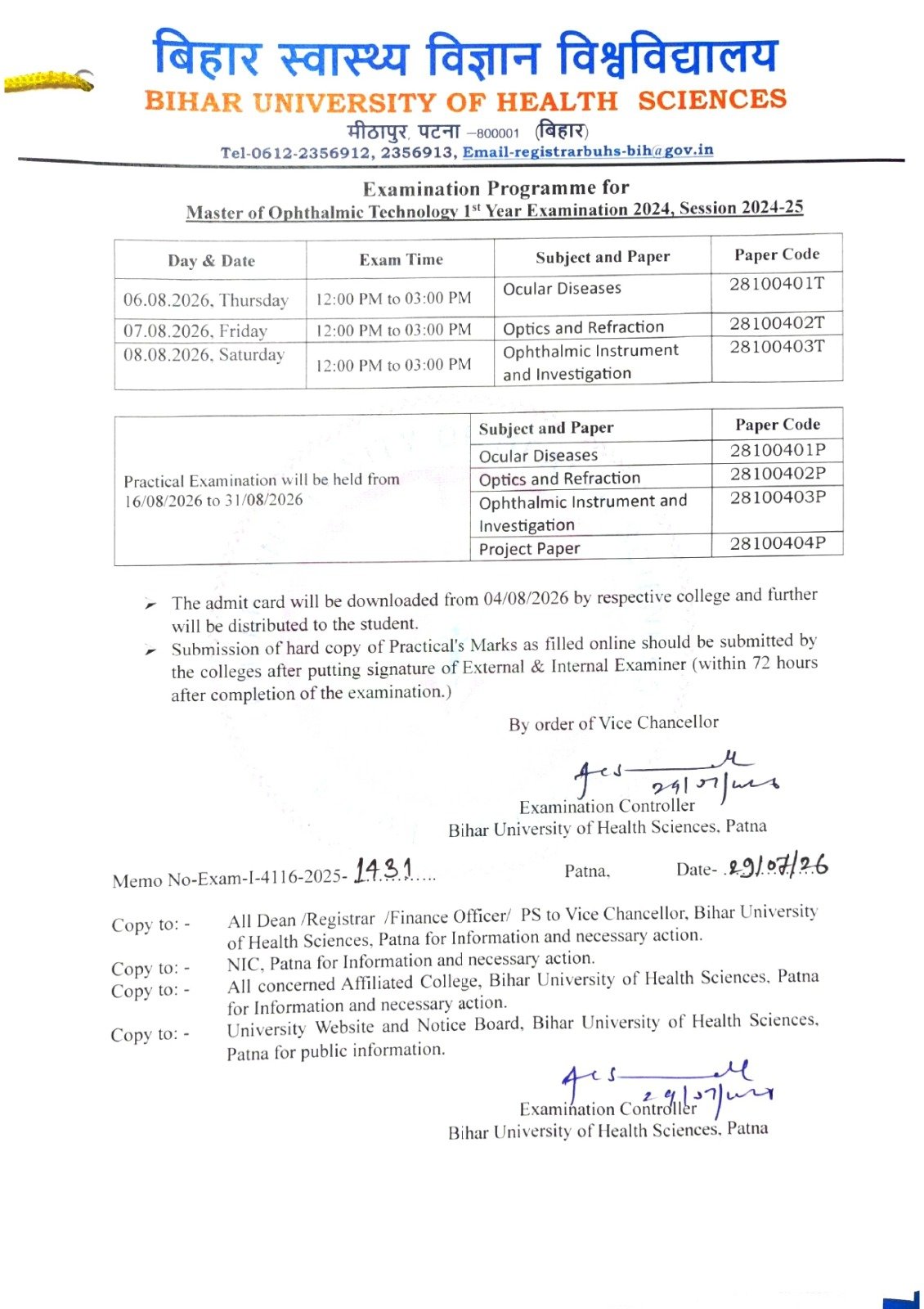 Examination Time Programme