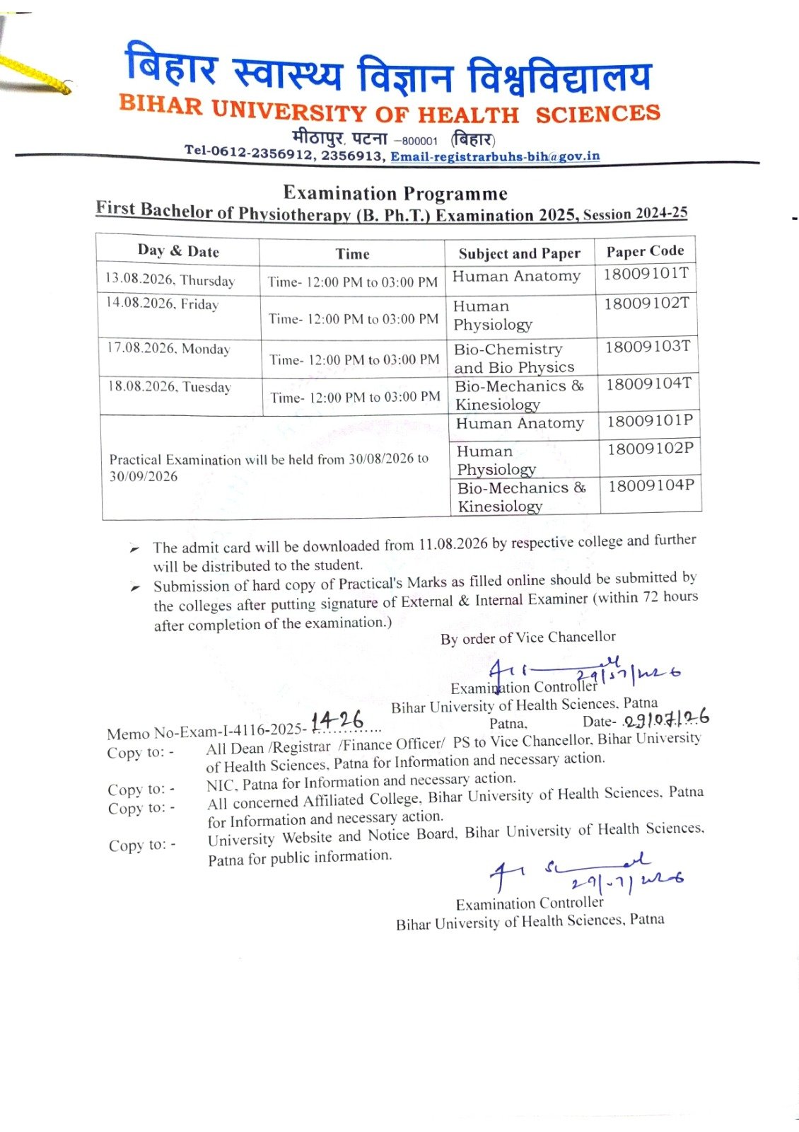 Examination Time Programme