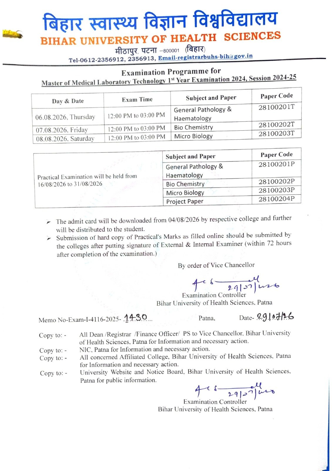 Examination Time Programme