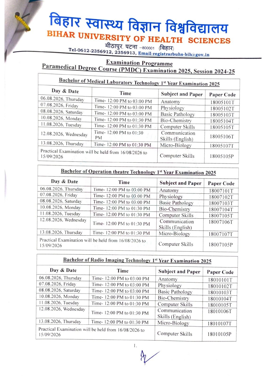 Examination Time Programme