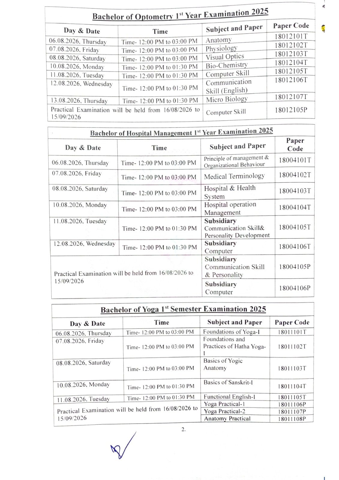 Examination Time Programme