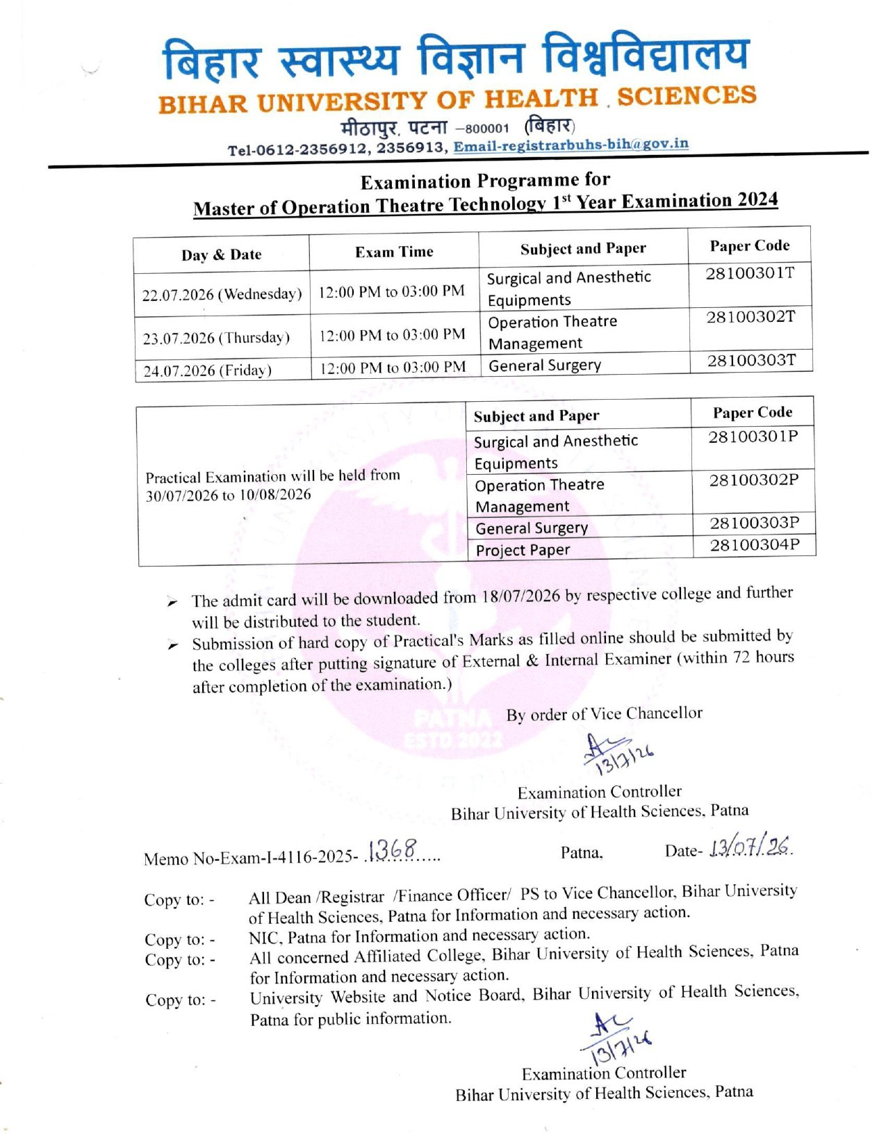 Examination Time Programme