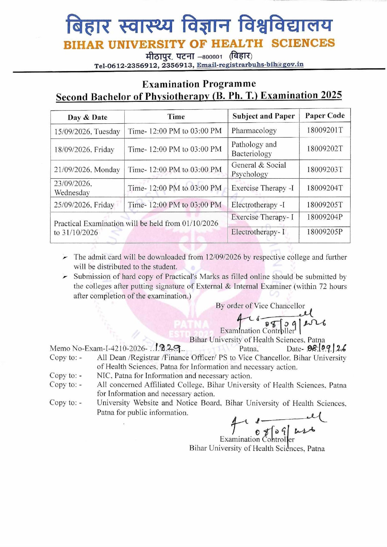 Examination Programme Second Bachelor of Physiotherapy (B. Ph. T.) Examination 2025